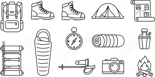 Collection of camping and hiking outline icons, including backpack, boots, tent, map, sleeping bag, compass, trekking pole, camera, and campfire