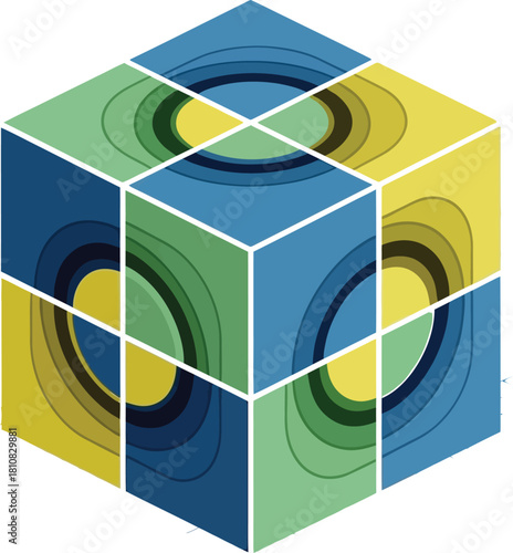 Abstract threedimensional cube composed of smaller square segments, each displaying a unique contour line pattern in shades of blue, green, and yellow, representing data or complex systems