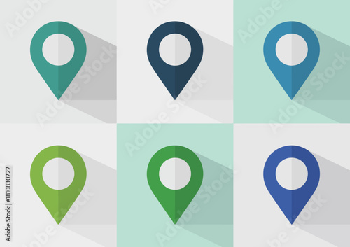 A collection of location markers displayed in a grid layout, showcasing various colors like blue, green, and teal, emphasizing navigation and connection in digital maps.