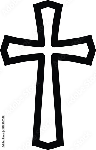 Simple black outline of a christian cross, symbolizing faith, religion, spirituality, hope, and devotion, representing the core tenets of christianity and religious belief