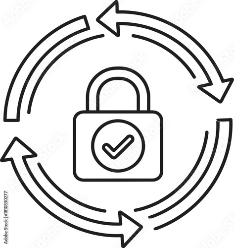 A clear black and white outline illustration of a secure padlock with a checkmark, encircled by four dynamic arrows, symbolizing continuous security, update, or verification