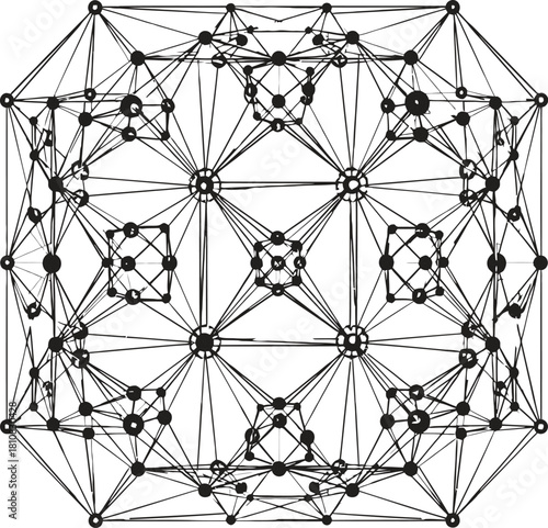 An intricate and complex abstract geometric wireframe structure composed of numerous interconnected lines and nodes, forming a multifaceted threedimensional shape or network