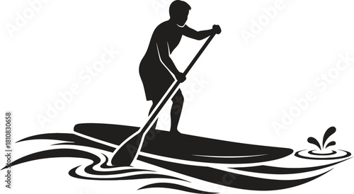 Black and white silhouette illustration of a person paddleboarding, actively paddling through water with splashes, depicting a popular water sport, a