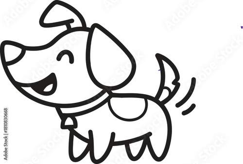 Cute and happy cartoon outline illustration of a small dog with a wagging tail and a collar, depicted in a playful and friendly pose, a