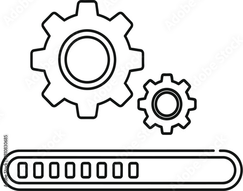 Outline illustration depicting two gears and a progress bar, symbolizing system settings, update processes, or ongoing development with mechanical precision and digital advancement