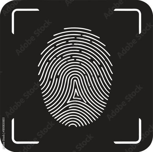 A black square icon featuring a white fingerprint scan, illustrating biometric identification and security technology, often used for authentication in digital devices and secure access systems