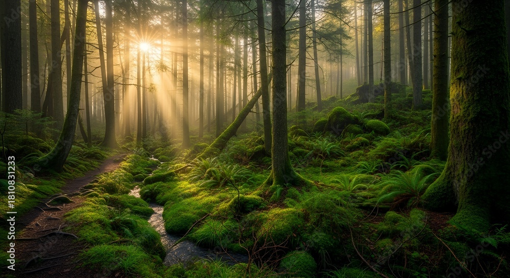 Fototapeta premium Mystical Forest Path with Golden Sun Rays Piercing Through Fog