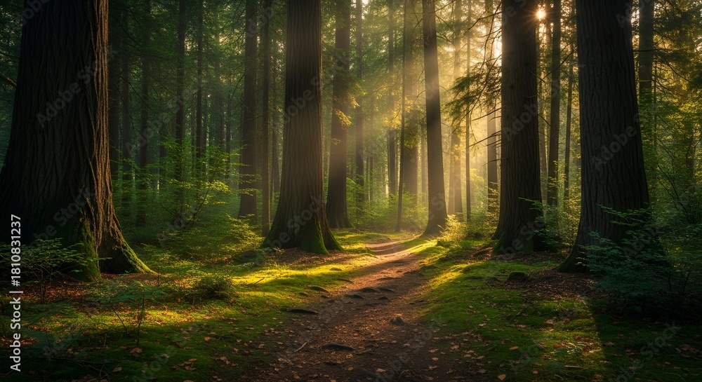 Fototapeta premium Golden Sun Rays Piercing Through a Lush Forest Path in a Serene Woodland