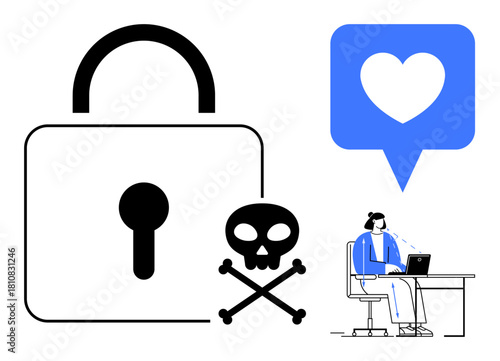 Cybersecurity concept. Cybersecurity symbols thumbs up lock and crossed skull highlight the importance of online safety. Cybersecurity addresses threats from hacking and online scams. For digital