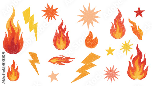 A vibrant collection of hand-drawn flame, lightning, and star illustrations in textured, crayon-style shading. Suitable for dynamic design projects, energetic visual themes, stickers, posters, and dig