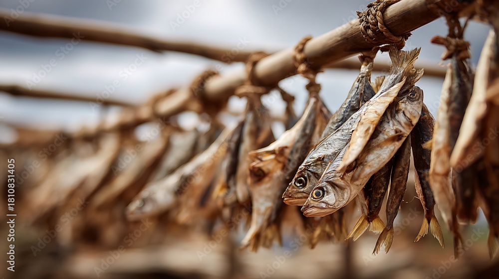 Fototapeta premium Drying Fish on Rack Outdoor Fresh Seafood Preparation Process Image