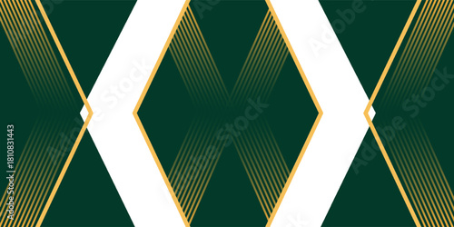 Symmetrical abstract background with elegant green, white, and gold geometric shapes and intersecting lines.