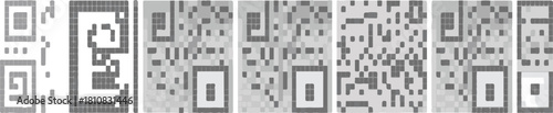 Vector illustration of eight QR code like patterns showing data corruption and digital information loss.