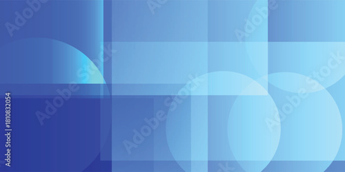 Abstract blue background with overlapping translucent circles and rectangles creating a modern geometric design.