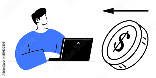 Online income concept. A figure with a laptop and a dollar coin s earning money remotely. Online income highlights work flexibility and financial independence. For business, fintech, freelancing