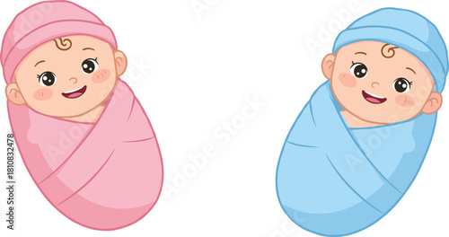 Cartoon swaddled babies in pink and blue, gender theme, cheerful expressions, cute newborns, baby illustration, pastel colors, twin concept, symmetry