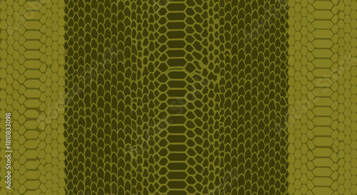 A striking olive green snake skin texture featuring a central vertical band of dark, organic scales bordered by lighter, regular hexagonal shapes, creating a bold and stylized reptilian pattern