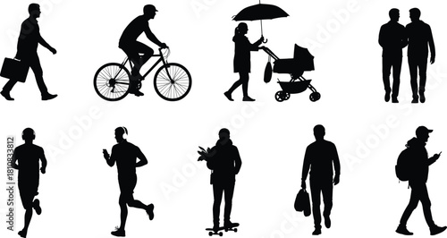 Urban people silhouettes collection including business man walking, cyclist riding bike, woman with stroller, runners and shoppers vector set.