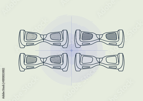 This line art rendering of hoverboards illustrates a modern means of transportation, emphasizing innovation and technology in a minimalist design style.