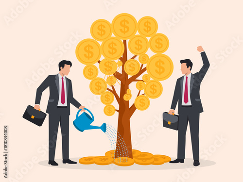 In this image, two businessmen are illustrated watering a tree made of coins, representing the nurturing of financial growth, investment opportunities, and prosperity in business.