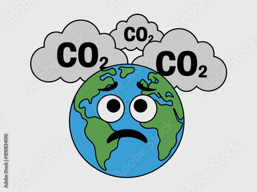 An illustrated Earth showing a sad face, surrounded by clouds labeled with CO2, highlighting the critical issue of climate change and the emotional impact on our planet.