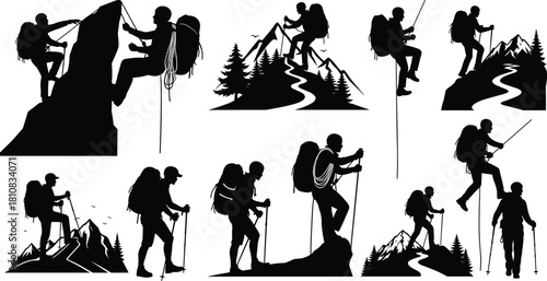Mountain hiking silhouettes collection featuring climbers with backpacks, rock climbing men, trekking poles, and alpine adventure scenes, vector illustration set.