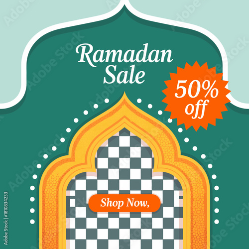 An eye-catching Ramadan sale graphic featuring ornate designs, promoting discounts with vibrant colors, and capturing the essence of this significant cultural celebration.