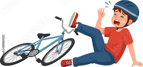 Cartoon, bicycle accident, child safety, helmet protection, falling off bike, injury prevention, outdoor mishap, emergency, cycling crash, road safety illustration
