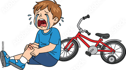 Cartoon, child crying, bicycle fall, minor injury, knee pain, helmet safety, outdoor accident, emotional moment, bike crash, learning to ride