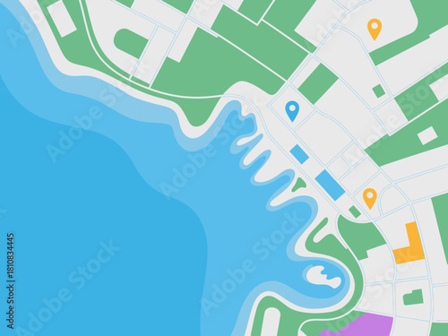 This vibrant map illustration showcases a waterfront area with colorful elements, perfect for travel and tourism-related projects, capturing a lively and inviting atmosphere.