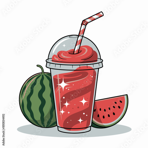 An enticing watermelon slush drink, served in a clear cup with a straw, showcases bright colors and evokes feelings of summer refreshment and enjoyment.