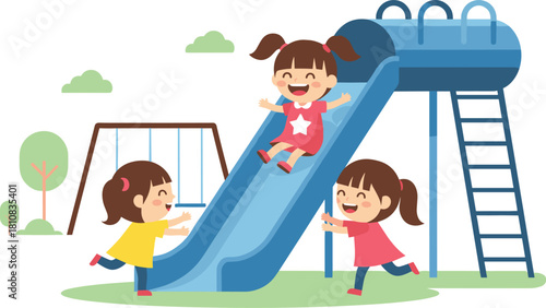 Children playing on playground slide, cartoon illustration, outdoor park fun, joyful kids, swing set, colorful outfits, social interaction, happy moment