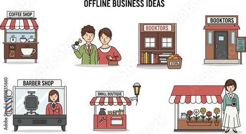 Coffee Shop, Bookstore, Barber Shop, Small Boutique, and Flower Shop Icons Representing Entrepreneurship and Traditional Commerce Vector Graphic, Isolated Illustrations.