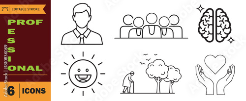 Set of six professional and wellness line icons including person, team, brain, sun, nature, and care