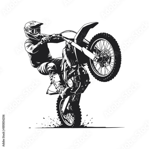 Monochromatic Outlined Detailed Motocross Rider Doing a Wheelie Sport Illustration