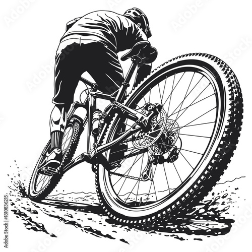 Monochromatic Line Art Mountain Biker Leaning Bike on Trail Illustration