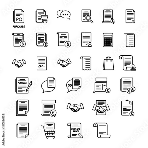 Icon set for order and receipt documents Order, quote, invoice, contract, purchase order, order form, receipt,