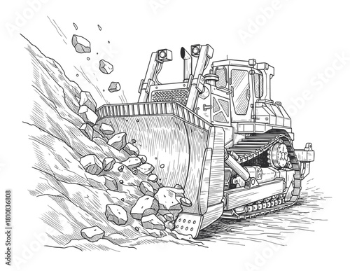 Detailed Line Art Bulldozer Excavating Landslide Mountain Landscape Illustration