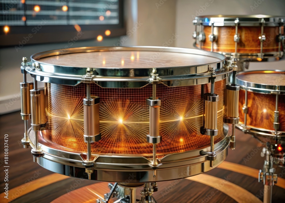 Obraz premium A futuristic beat pulsates through a wireframe hologram of snare drums, creating an otherworldly rhythm