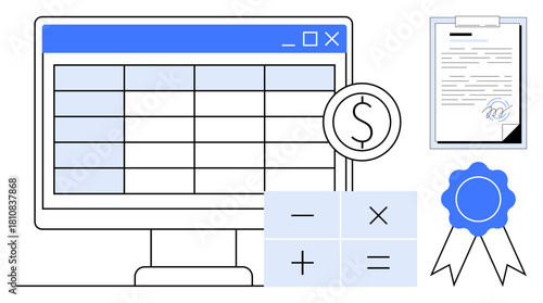Computer screen displaying spreadsheet with calculator symbols, document with certification stamp, and currency icon. Ideal for accounting, data analysis, budgeting, finance, certification