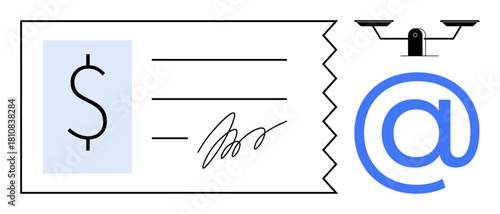 Electronic check with handwritten signature, dollar sign, at symbol, and surveillance camera. Ideal for finance, online banking, digital payment, cybersecurity, technology identity verification