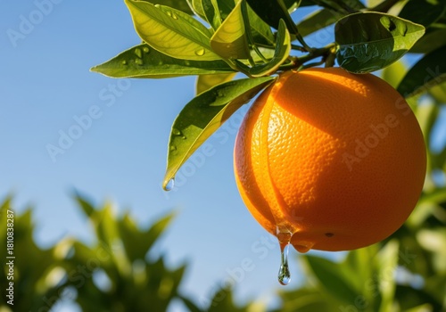 Juicy orange fruit hanging on a tree branch with water droplets under a bright blue sky.