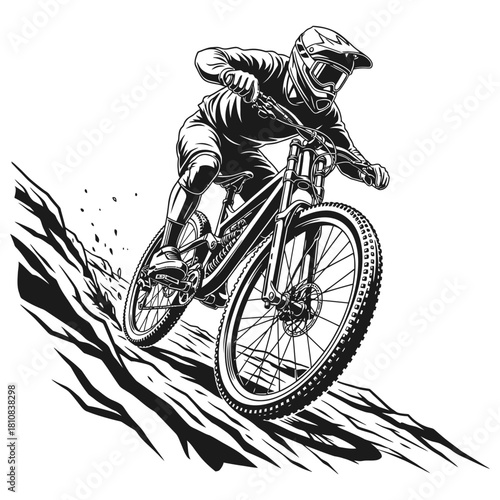 Black and White Outline Downhill Mountain Bike Rider on Steep Terrain Illustration