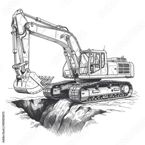 Detailed Hand drawn Excavator Digging Hole Machinery Equipment Illustration