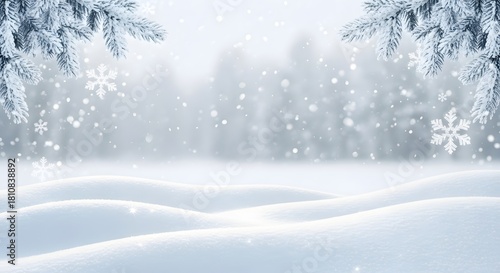 Wallpaper Mural Serene winter scene featuring a snowy landscape with delicate snowflakes falling, framed by frosted pine branches, evoking a peaceful and magical atmosphere Torontodigital.ca