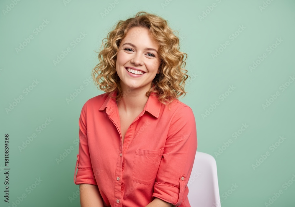Obraz premium Cheerful young woman with curly blonde hair smiling broadly in a studio portrait