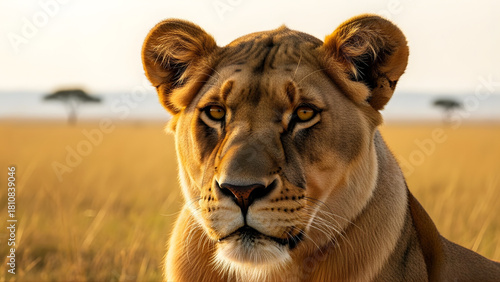 A watchful gaze from a powerful lioness bathed in the warm, ethereal light of an endless grassland sunset, embodying raw natural beauty