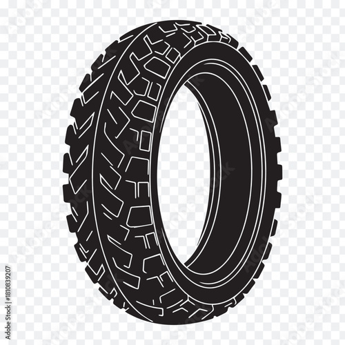 Black and white outline of a tire with unique tread pattern