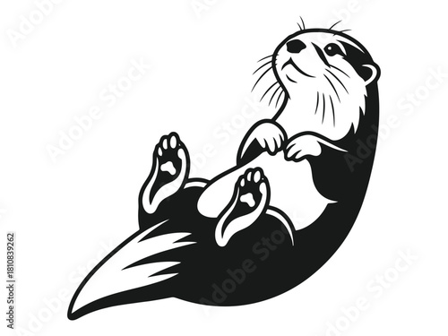A playful otter illustration is lying on its back looking upward in a clean black and white vector graphic design