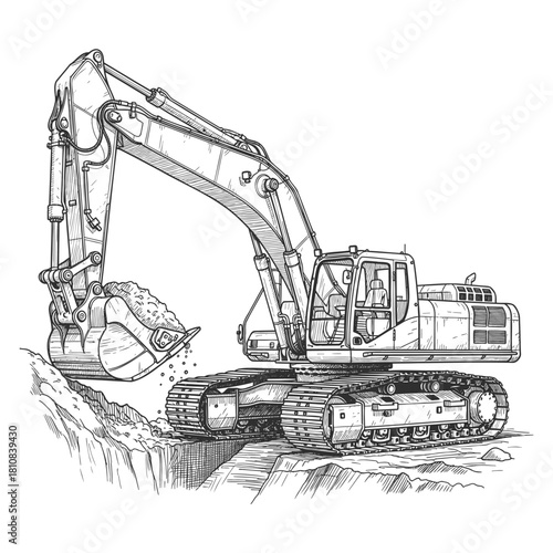 Detailed Sketch Excavator Machinery Illustration for Construction and Mining Industry